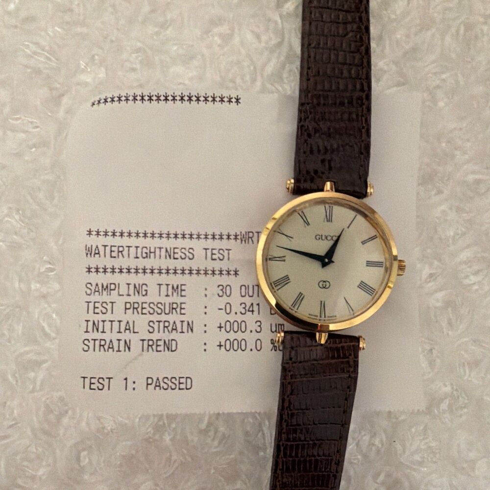 Vtg GUCCI 14M Gold Plated Sherry Stripe Web Side Quartz Watch Roman Dial Leather